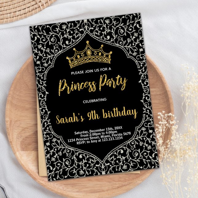 Convite Ouro de prata - princesa branca brilhante Aniversá (Silver Golden Glitter White Princess Birthday Invitation)