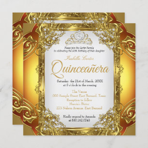 Convite Ouro de Quinceanera Pérola Branca Lace Tiara Anive