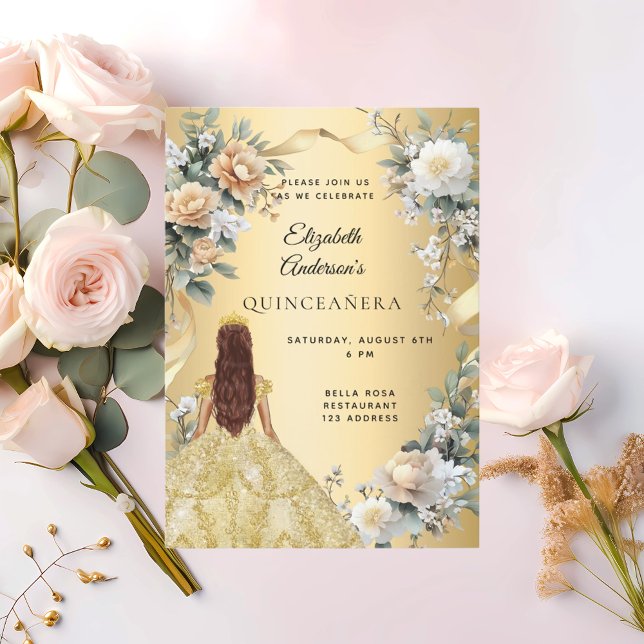 Convite Ouro de Quinceanera veste florais amarelos (Criador carregado)