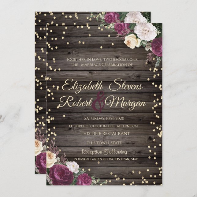 Convite Ouro Diamantes Borgonha Flores Madeira (Frente/Verso)