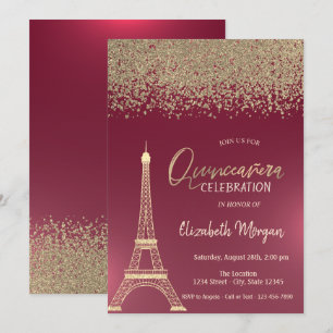 Convite Ouro Diamantes, Torre Eiffel Vermelho Quinceanera