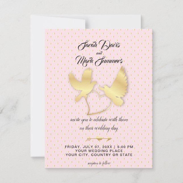 Convite Ouro Doves and Swans, um Ouro Casamento Coração (Frente)