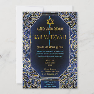 Convite Ouro e azul de Mitzvah do bar