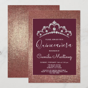 Convite Ouro e Borgonha cor-de-rosa Quinceanera com tiara