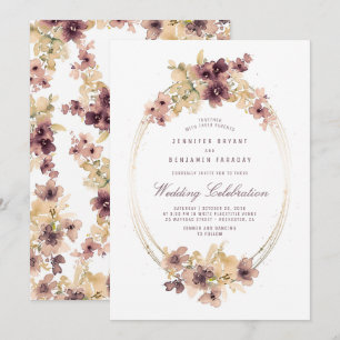Convite Ouro e casamento vintage floral malva da aguarela