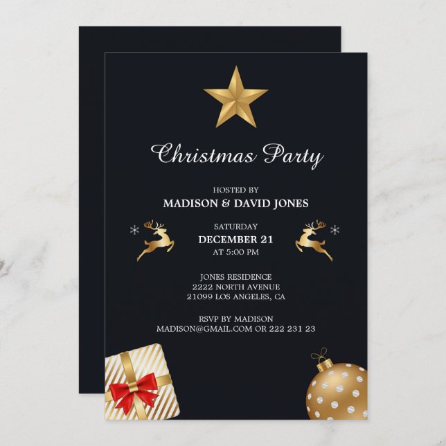 Convite Ouro E Decoração Branca De Natal (Frente/Verso)