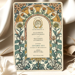 Convite Ouro e Florais Verdes Art Nouveau Casamento