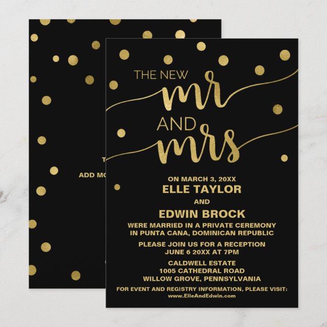 Convite Ouro e Preto | Recepção de Casamento Glamouroso (Frente/Verso)
