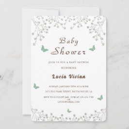 Convite Ouro Elegante, Chá de fraldas Floral e Borboleta
