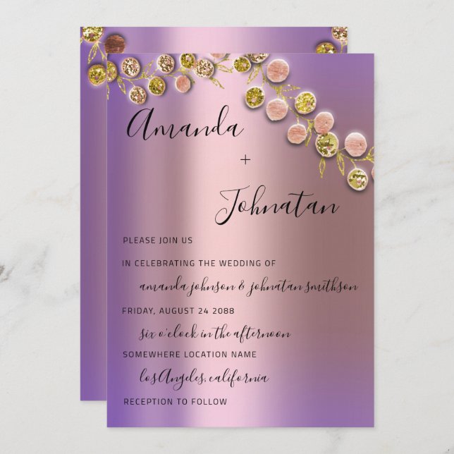 Convite Ouro Elegante De Casamento Roxo De Rosa (Frente/Verso)
