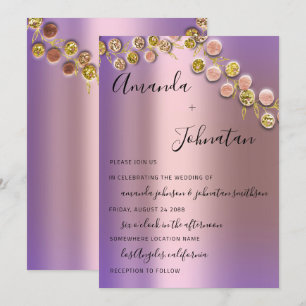 Convite Ouro Elegante De Casamento Roxo De Rosa