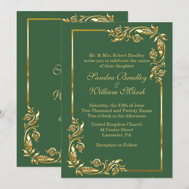 Convite Ouro Elegante de Quadro de  Verde com Impressão Do (Frente/Verso)