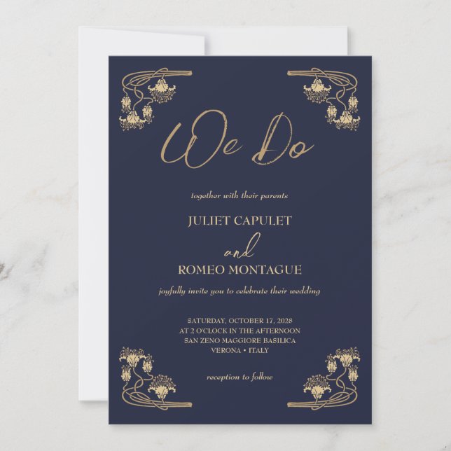 Convite Ouro elegante Deco em azul nós fazemos casamento (Frente)