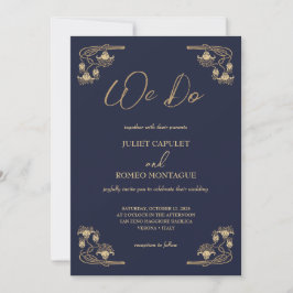 Convite Ouro elegante Deco em azul nós fazemos casamento