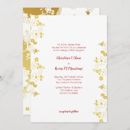 Convite Ouro elegante e flor de cerejeira branca orientais