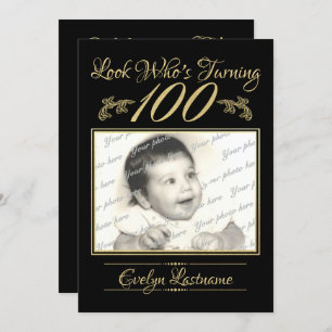 Convite Ouro elegante e preto da foto de 100 aniversários