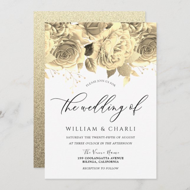 Convite Ouro Elegante Flói Casamento de Todos os Camarões (Frente/Verso)