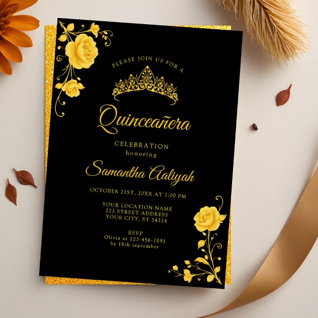 Convite Ouro Elegante Preto Floral e Quinceanera Dourada (Criador carregado)