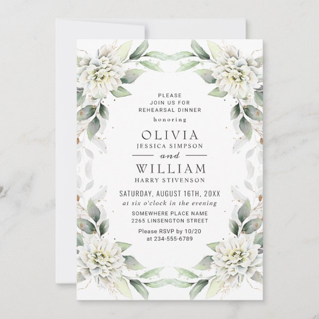 Convite Ouro Elegante Verde Greenery REHEARSAL (Frente)