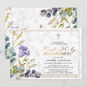 Convite Ouro Elegante Vintage Floral Primeira Comunhão Sa