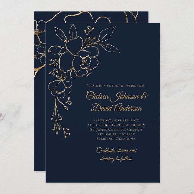 Convite Ouro esboçado Rosas no casamento azul escuro (Frente/Verso)