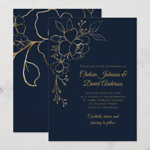 Convite Ouro esboçado Rosas no casamento azul escuro