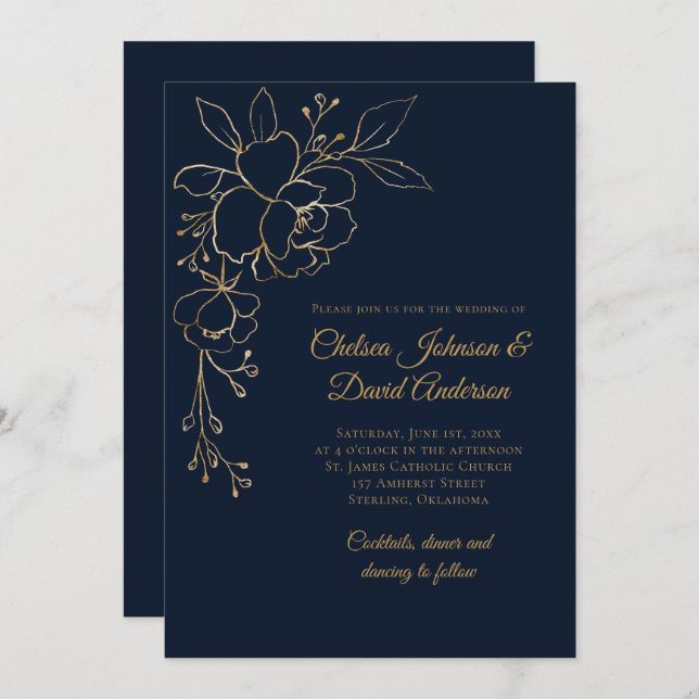 Convite Ouro esboçado Rosas no casamento azul escuro (Frente/Verso)