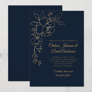 Convite Ouro esboçado Rosas no casamento azul escuro