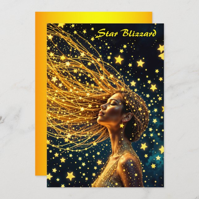 Convite Ouro estrelado moda bela moça brilhando céu (Frente/Verso)
