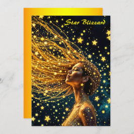 Convite Ouro estrelado moda bela moça brilhando céu