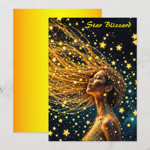 Convite Ouro estrelado moda bela moça brilhando céu