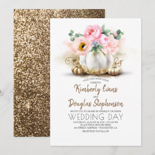 Convite Ouro floral cor-de-rosa e casamento outono branco