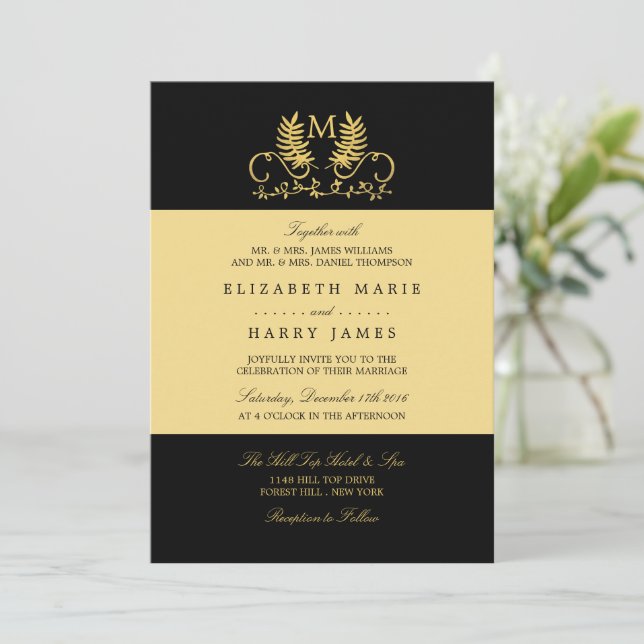 Convite Ouro Floral Emblem Wedding (Em pé/Frente)