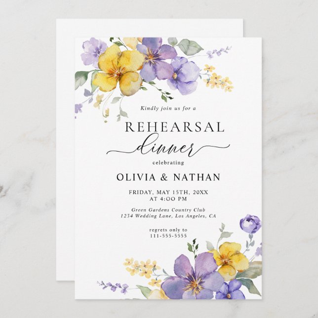 Convite Ouro Floral lavanda Janto de ensaio amarelo (Frente/Verso)