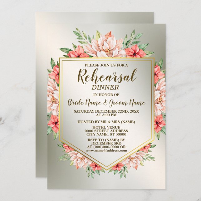 Convite Ouro Floral Pessegueira Laranja do Janto de ensaio (Frente/Verso)