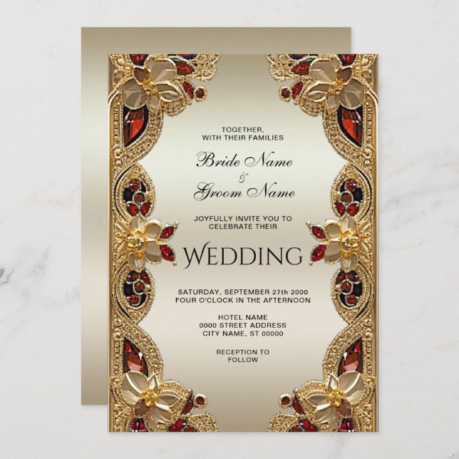 Convite Ouro Flores Vermelho Gemstone Splendor Casamento (Frente/Verso)