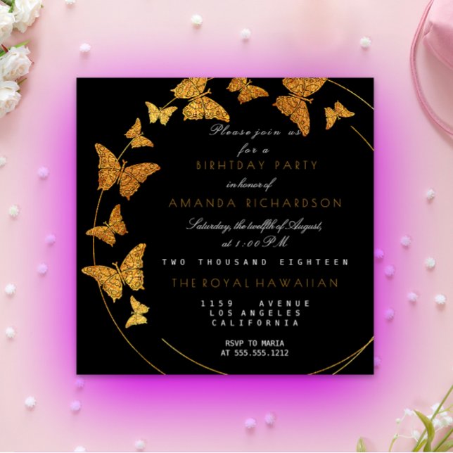 Convite Ouro Folha Borboleta Glam Festa de aniversário Vip (Golden Foil Butterfly Glam Vip Birthday Party Invitation)