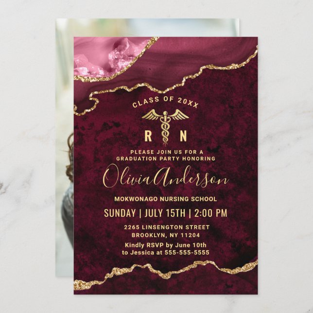 Convite Ouro Fotográfico  Vermelho Nursing School Festa de (Frente/Verso)