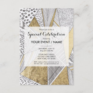 Convite Ouro geométrico moderno, preto e branco,