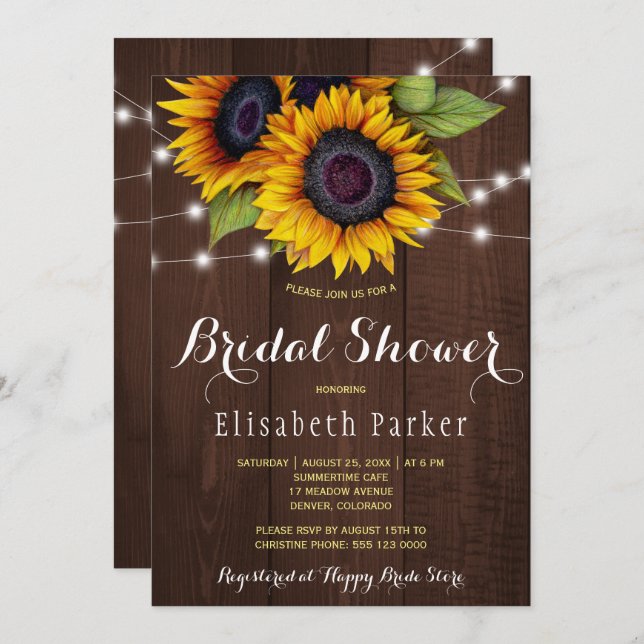 Convite Ouro girassol chá de panela de madeira rústica (Frente/Verso)