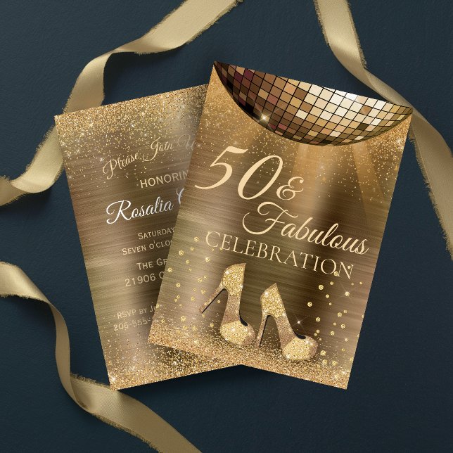 Convite Ouro Glam 50 e Disco Ball de Chocolate Fabuloso (Gold Glam 50 and Fabulous Disco Ball Chocolate Invitation)