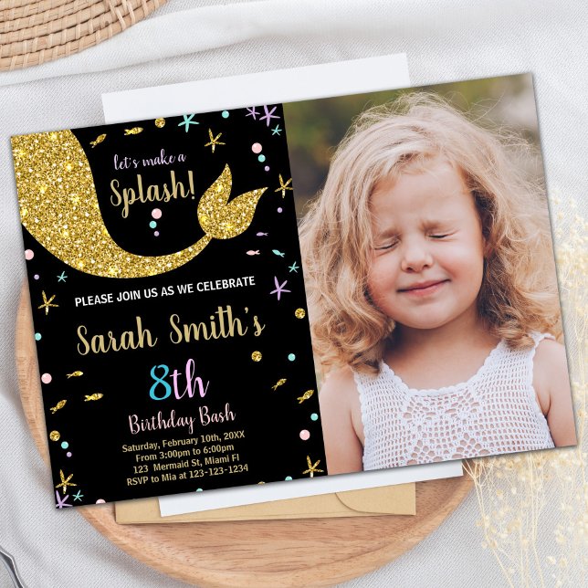 Convite Ouro Glitter Smermaid Tail Aniversário com foto (Golden Glitter Mermaid Tail Birthday with photo Invitation)