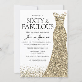 Convite Ouro Glitter Vestido Mulheres 60ª Festa de anivers