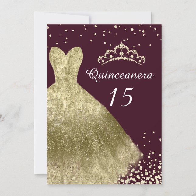 Convite Ouro Gown Burgundy Back Quinceanera Party (Frente)