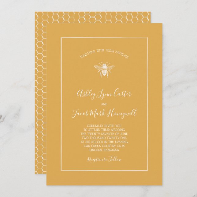 Convite Ouro Honeycomb Pattern Wedding (Frente/Verso)
