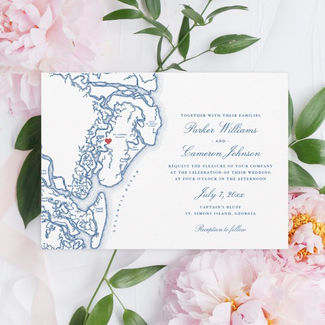 Convite Ouro Isles Georgia Mapa Elegante Marinho Casamento (Golden Isles of Georgia map wedding invitation with a heart over St. Simons Island)