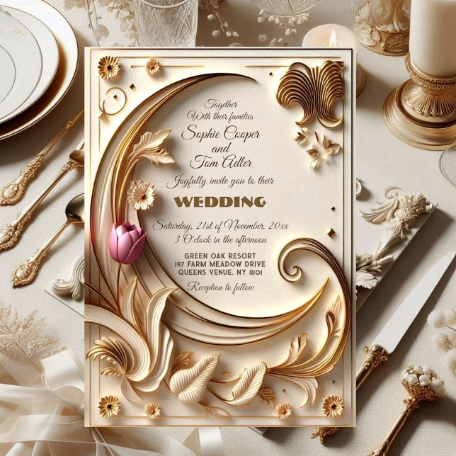 Convite Ouro Ivory Barroco Crescente Assimétrico Casamento (Golden Ivory Baroque Half Moon Wedding Invitation)