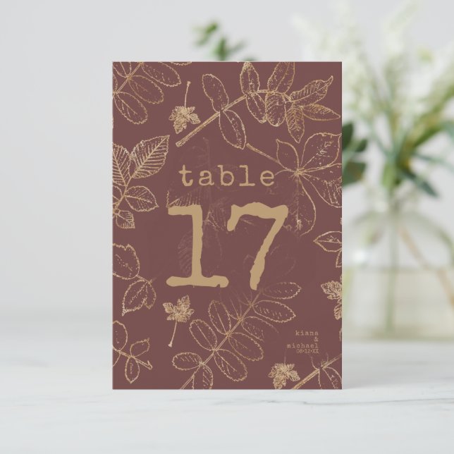 Convite Ouro Leaf Wedding Table Number Burgundy ID655 (Em pé/Frente)