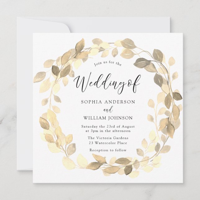Convite Ouro Leaf Wreath Elegant Invitation (Frente)