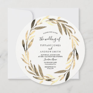 Convite Ouro Leaf Wreath Elegant Wedding
